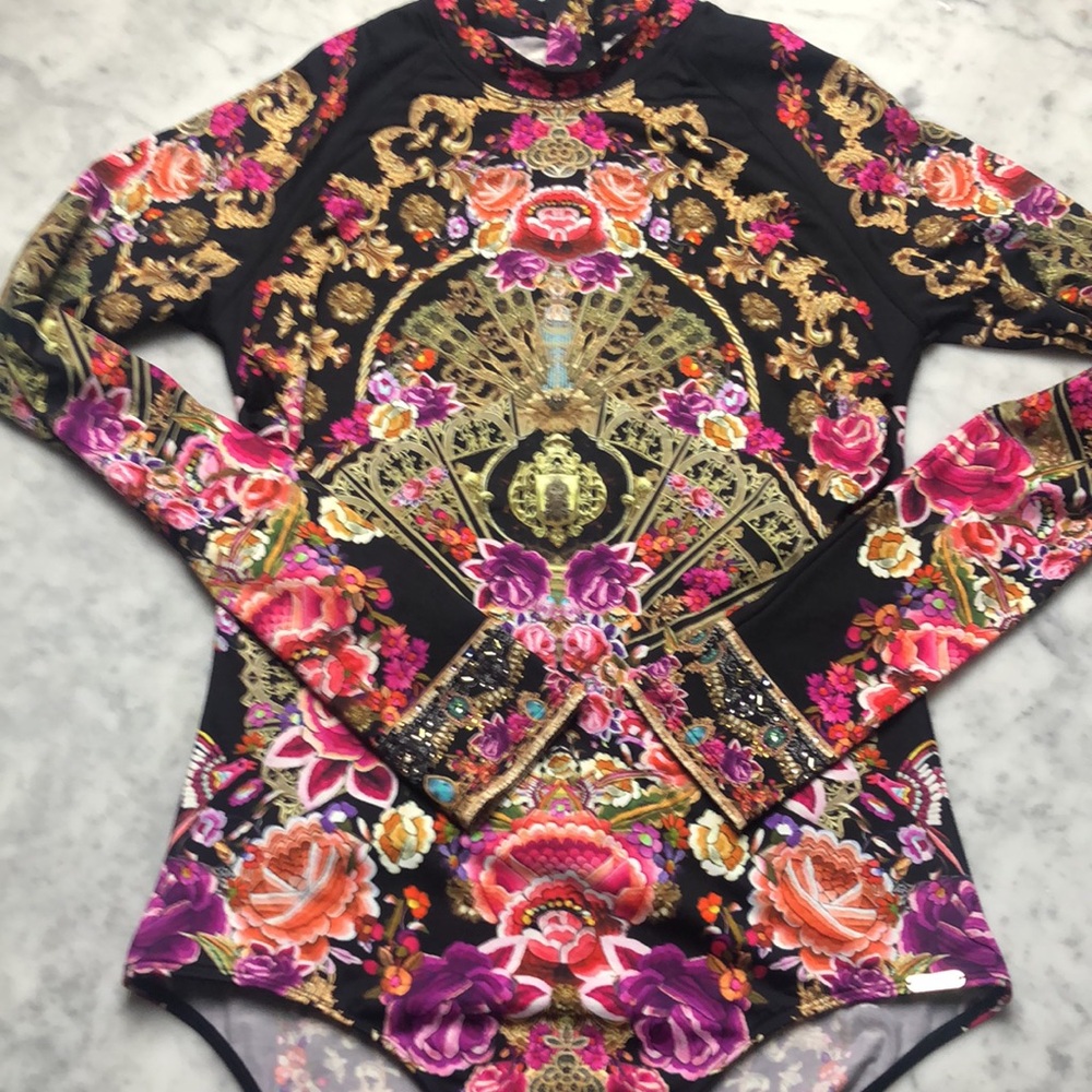 Camilla Long Sleeve Floral Print One-Piece Swimsuit in Black and Pink Size M - Picture 11 of 16